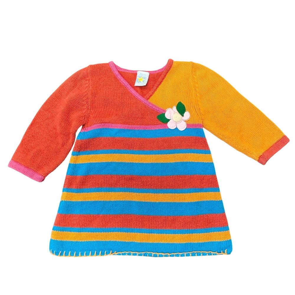 Celeste Sweater Dress 12 Months Baby Girl Orange Blue Striped Knit Colorful